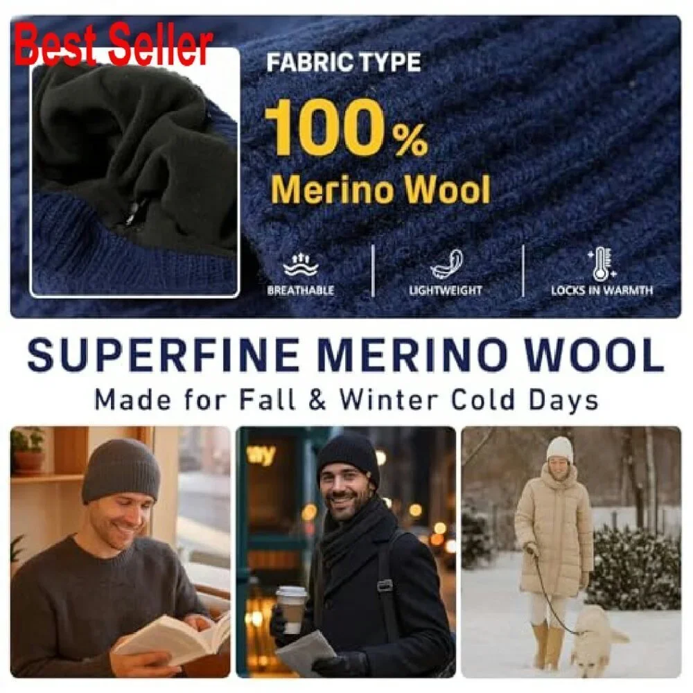 Oversized Merino Wool Beanie Fleece Lined Cuffed Fisherman Cap Classic